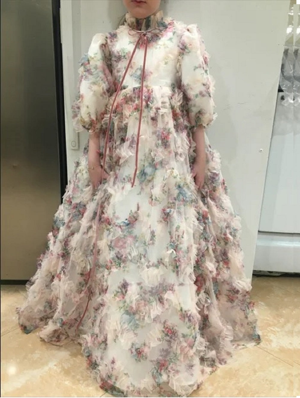 Pageant Crew Collar Puffy Sleeve Crystal Sash Flower Girl Dresses Party Dresses Wedding for Girl's Gown Gift